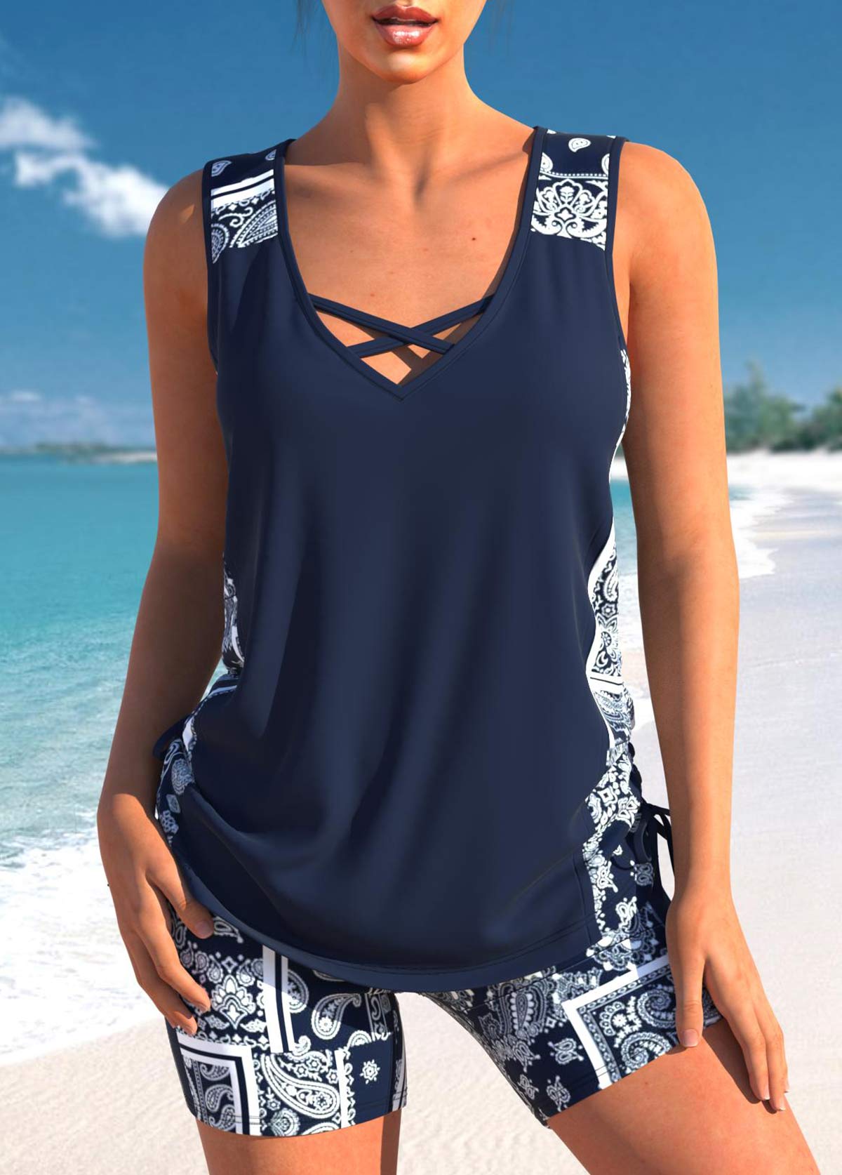 Navy swimwear,Tribal swimwear,Paisley swimwear,Geometric swimwear,ROTITA Drawstring Navy Tribal Print Mid Waisted Tankini Set