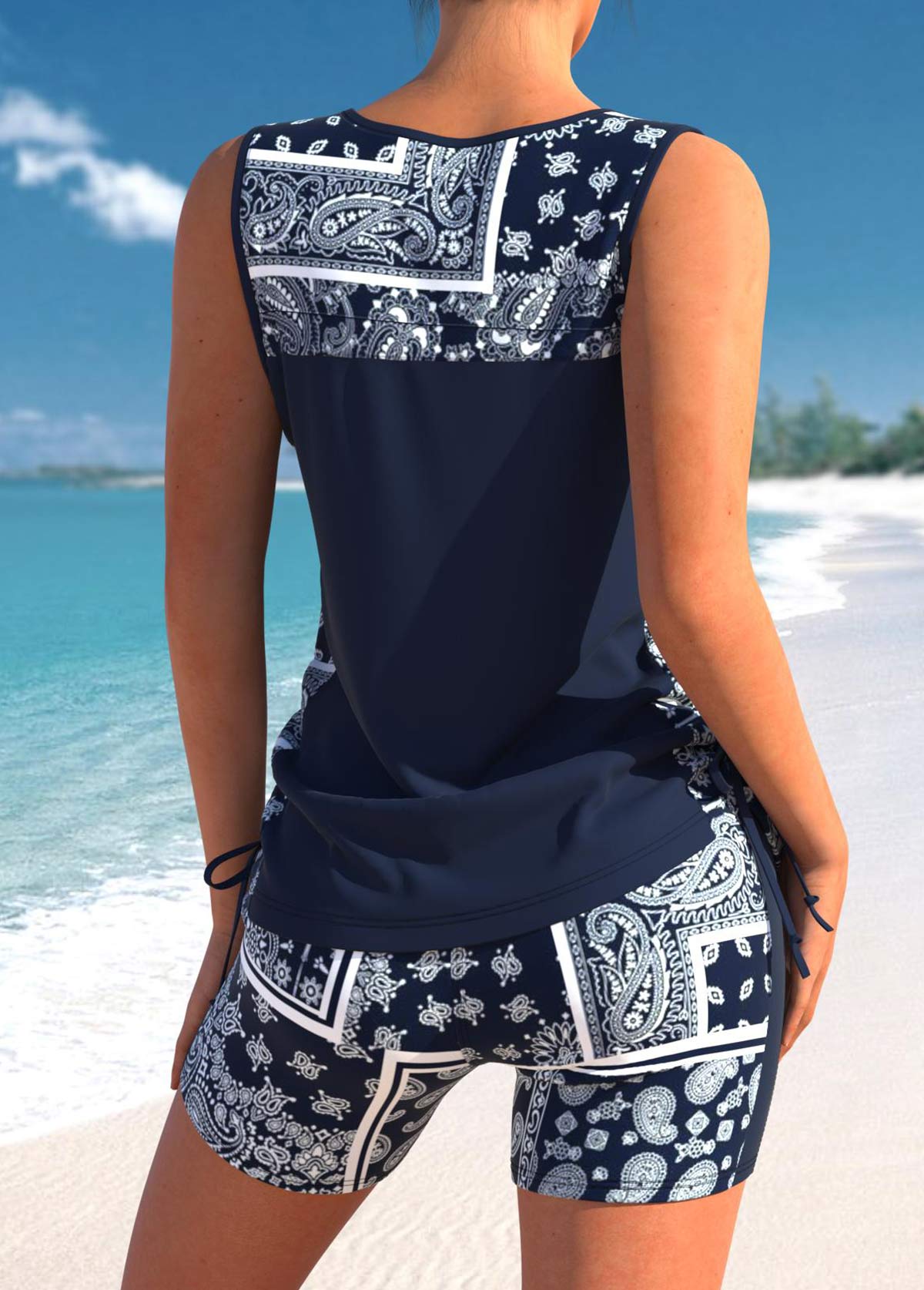 Navy swimwear,Tribal swimwear,Paisley swimwear,Geometric swimwear,ROTITA Drawstring Navy Tribal Print Mid Waisted Tankini Set