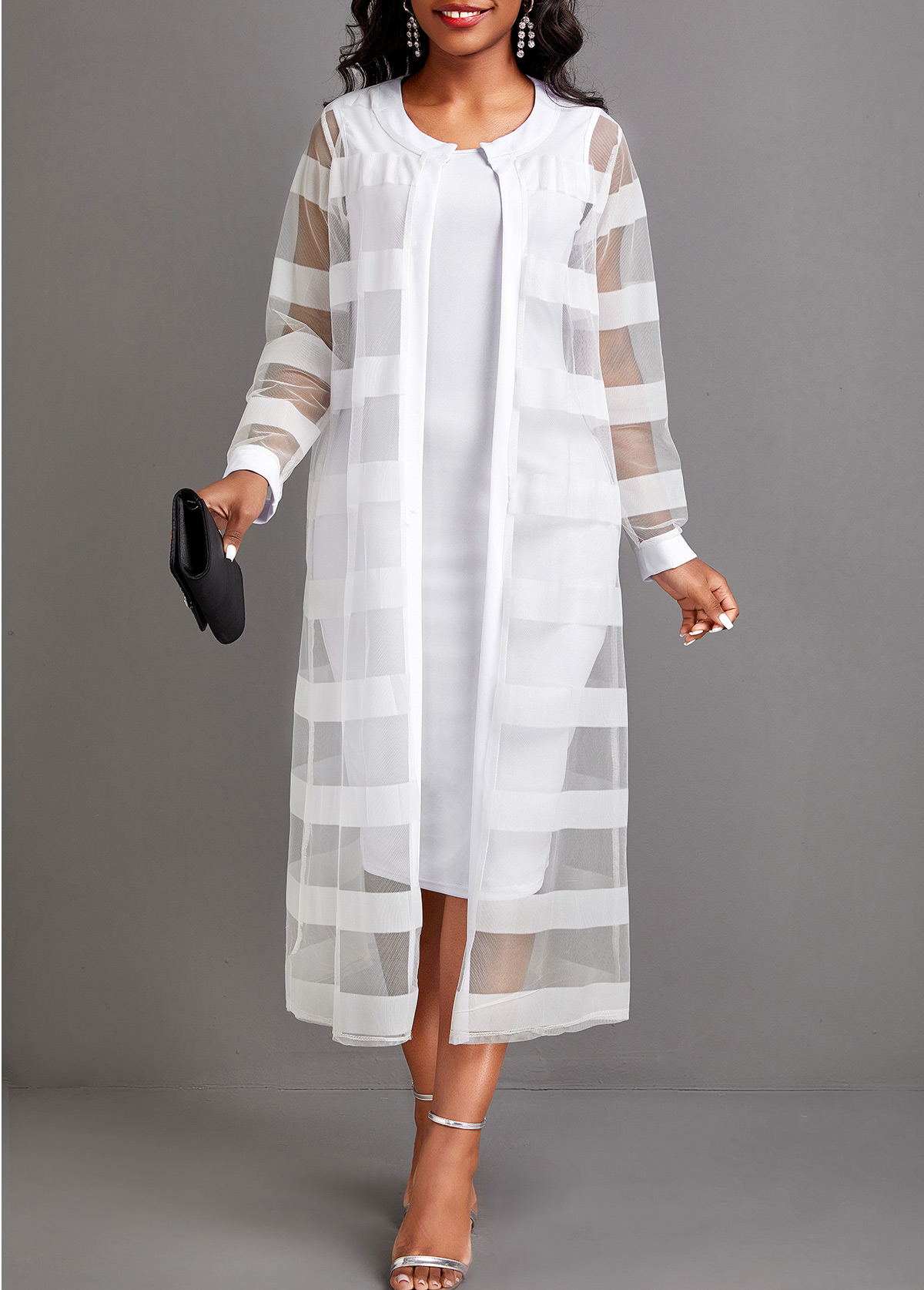 Rotita zweiteiliges langärmliges weißes Kleid und Strickjacke