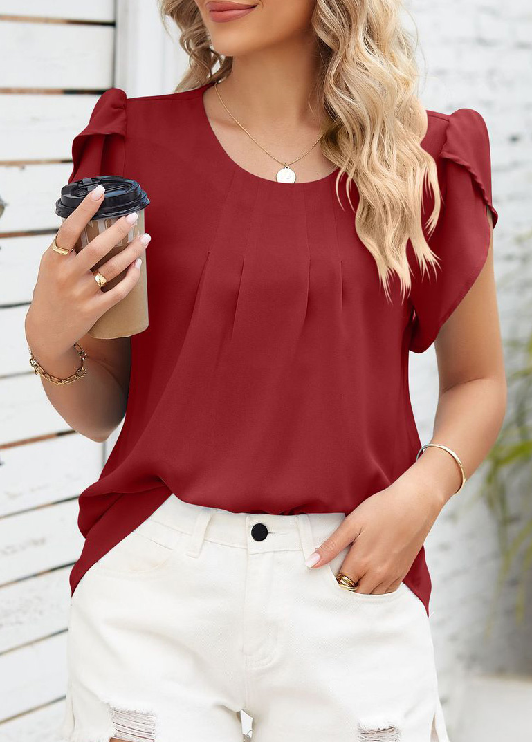 Wine Red tops,Plain Color tops,Ruched Wine Red Round Neck T Shirt