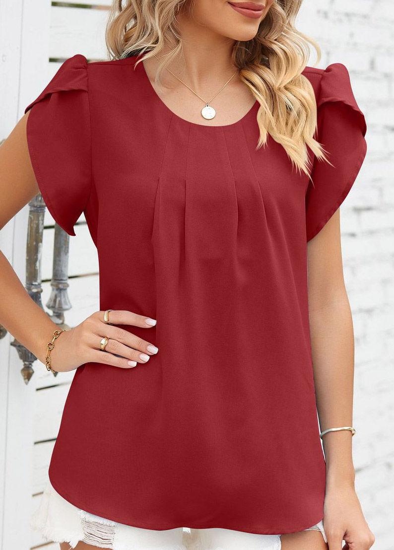 Wine Red tops,Plain Color tops,Ruched Wine Red Round Neck T Shirt