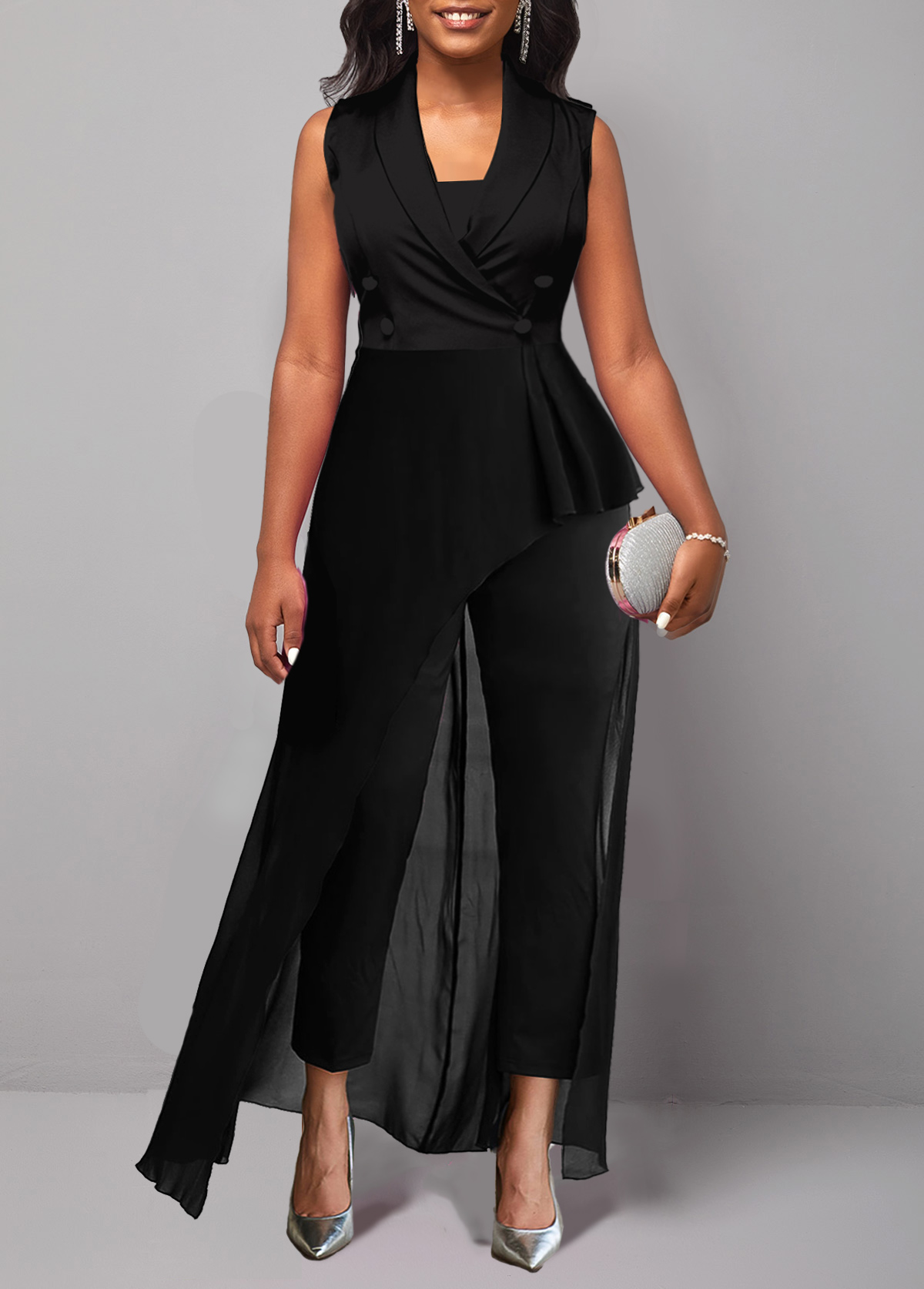 ROTITA Asymmetry Black Capri V Neck Jumpsuit