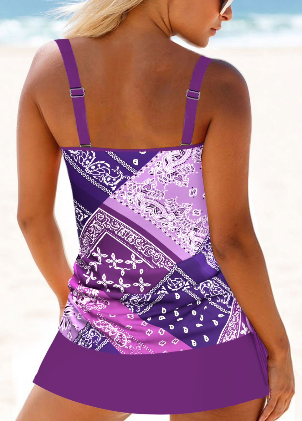 Purple swimwear,Tribal swimwear,Geometric swimwear,ROTITA Drawstring Purple Tribal Print Mid Waisted Tankini Set