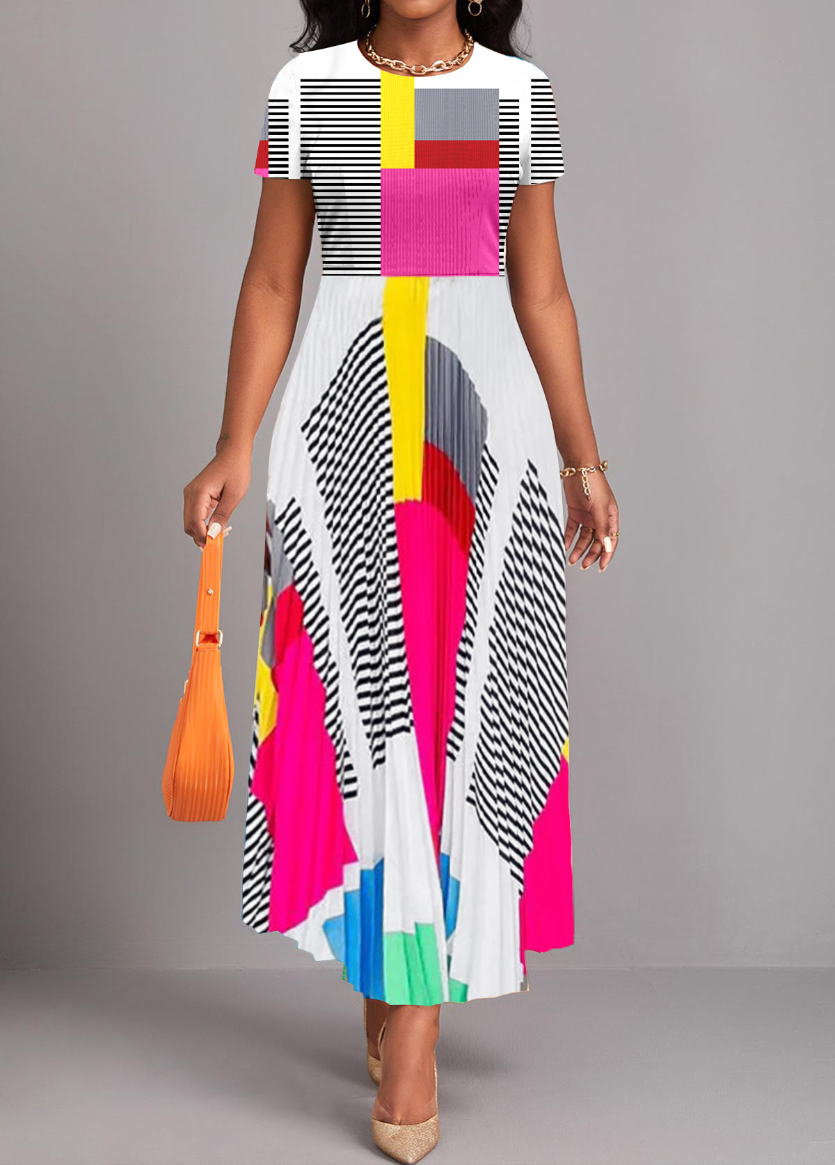 ROTITA Pleated Geometric Print Multi Color Maxi Dress