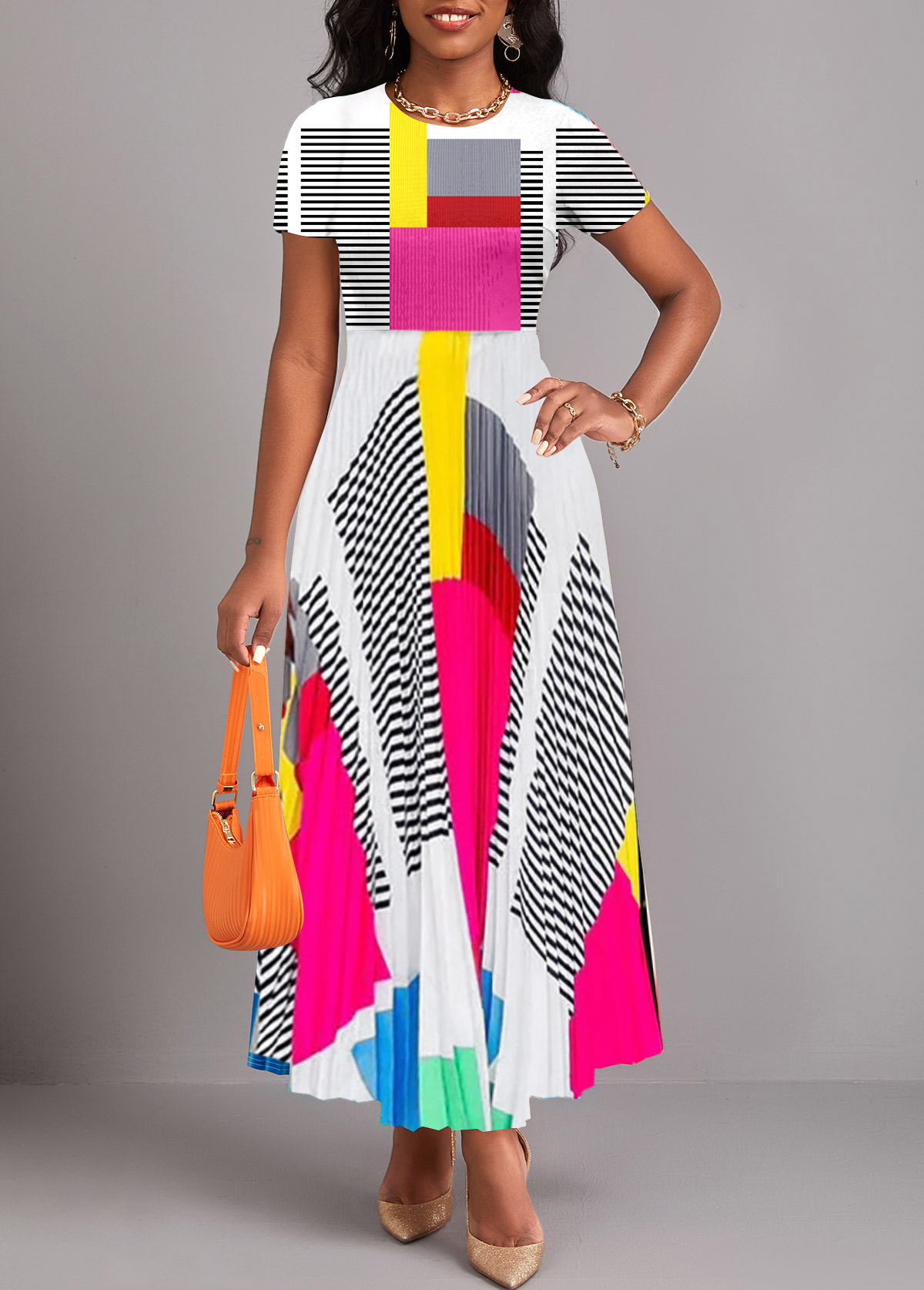 Multi Color dresses,Geometric dresses,Striped dresses,ROTITA Pleated Geometric Print Multi Color Maxi Dress