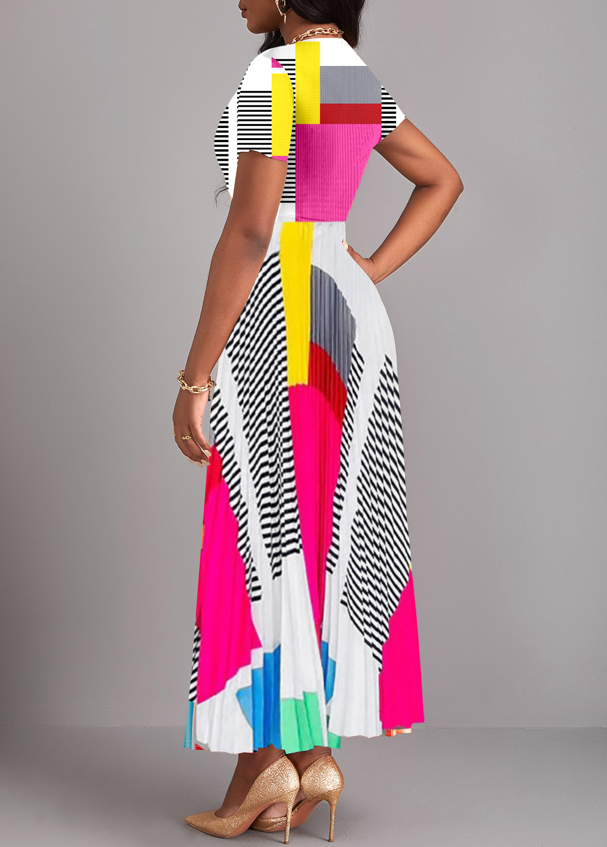 Multi Color dresses,Geometric dresses,Striped dresses,ROTITA Pleated Geometric Print Multi Color Maxi Dress