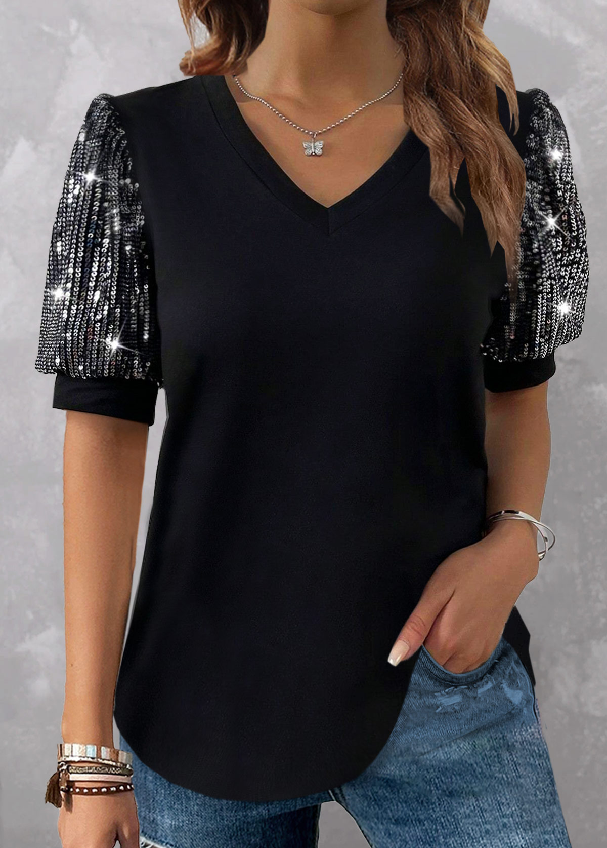 Black tops,Plain Color tops,ROTITA Sequin Black V Neck Short Sleeve T Shirt