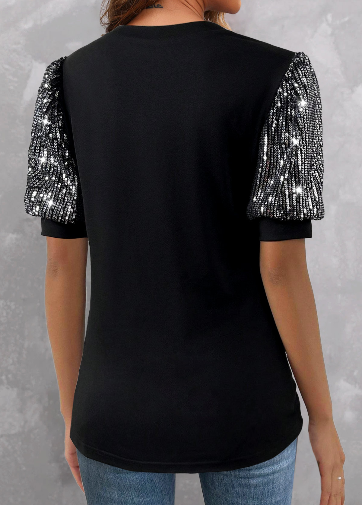 Black tops,Plain Color tops,ROTITA Sequin Black V Neck Short Sleeve T Shirt