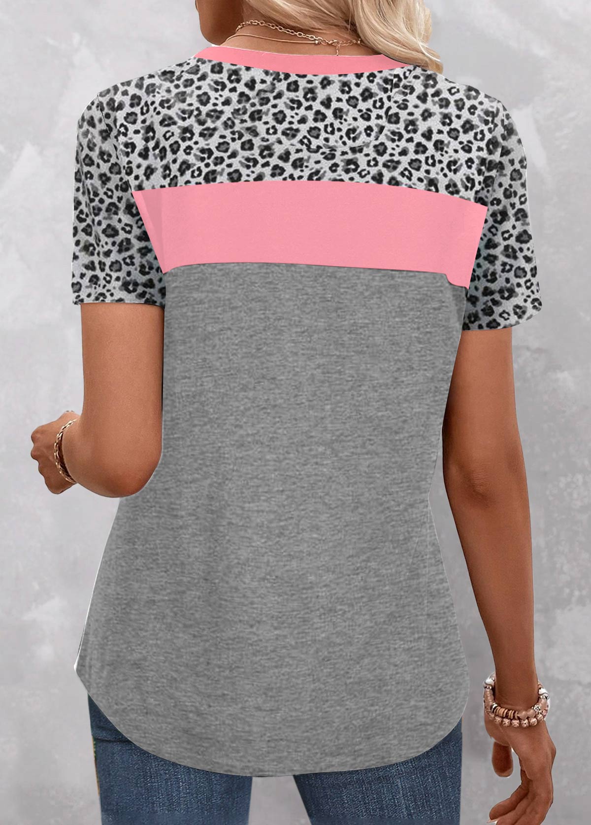 Pink tops,Grey tops,Leopard tops,Geometric tops,ROTITA Patchwork Leopard Pink Round Neck T Shirt