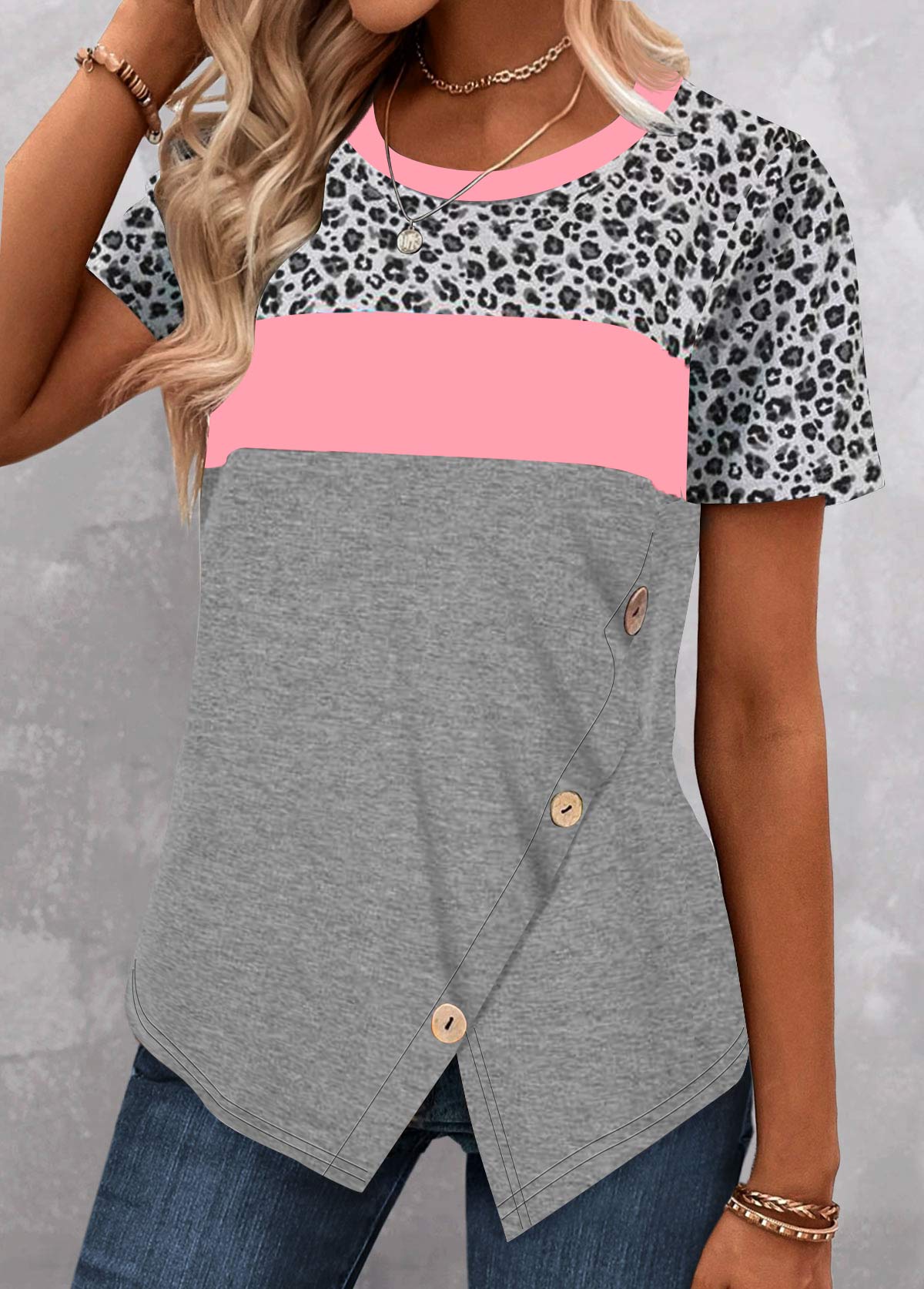 Pink tops,Grey tops,Leopard tops,Geometric tops,ROTITA Patchwork Leopard Pink Round Neck T Shirt