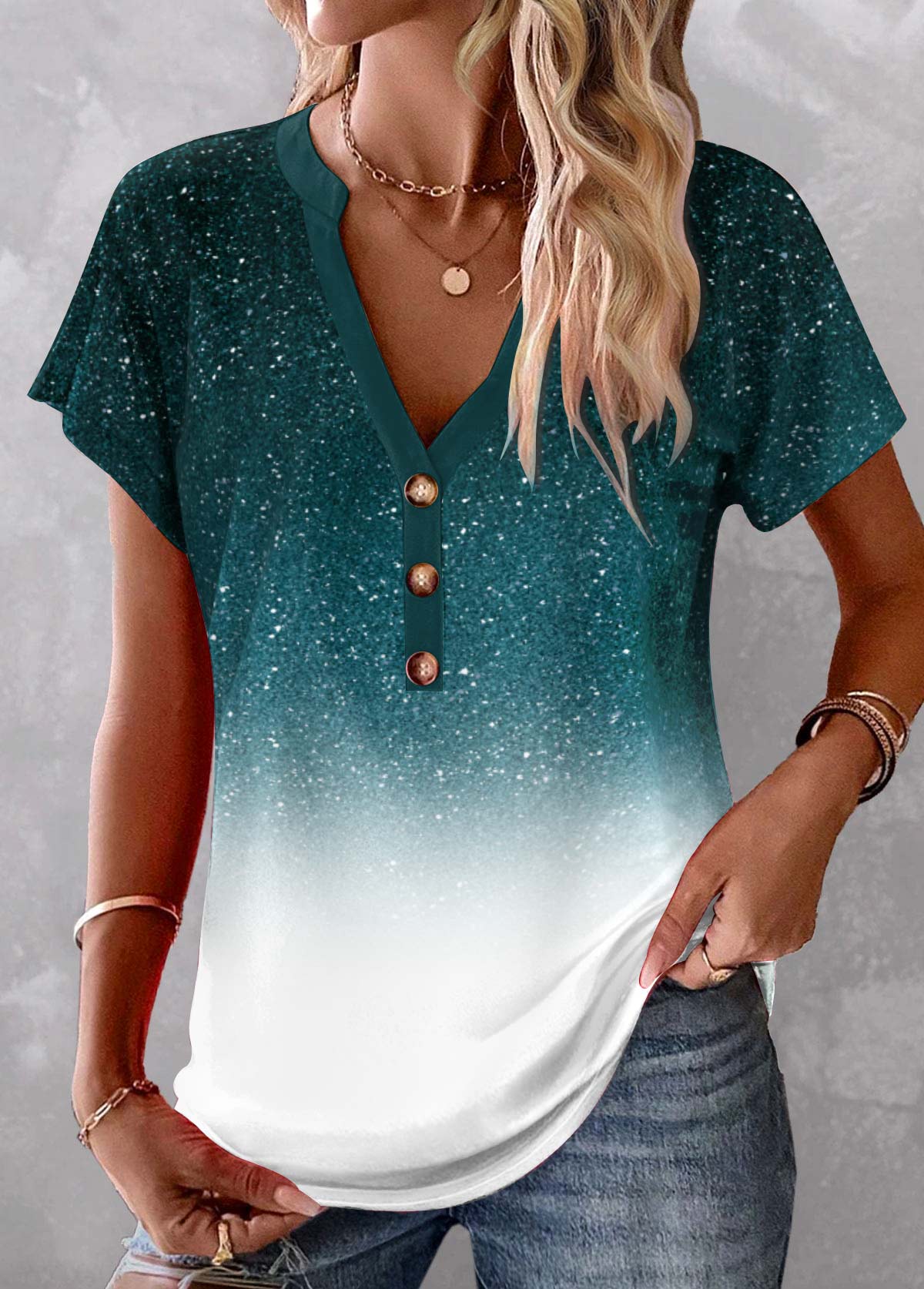Turquoise tops,White tops,Ombre tops,ROTITA Button Ombre Turquoise V Neck Short Sleeve Blouse