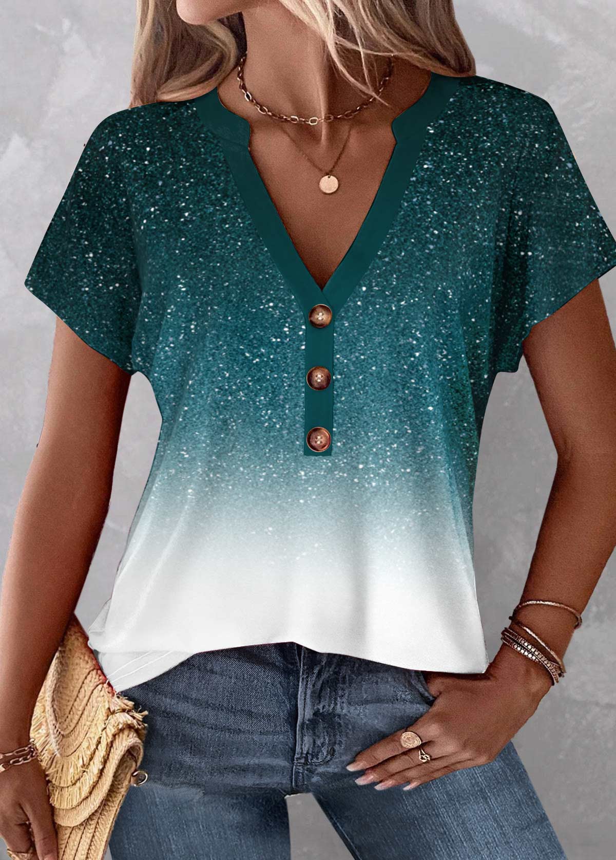 Turquoise tops,White tops,Ombre tops,ROTITA Button Ombre Turquoise V Neck Short Sleeve Blouse