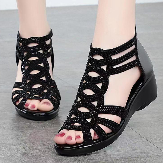 Black Mid Heel Peep Toe Sandals