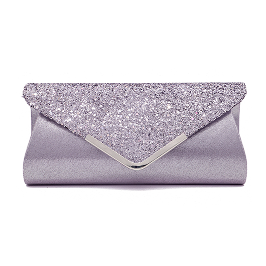 Light Grey Sequined Magnetic V Design Evening Bag