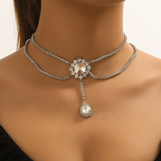 Silvery White jewelry,Plain Color jewelry,Layered Rhinestone Design Silvery White Necklace