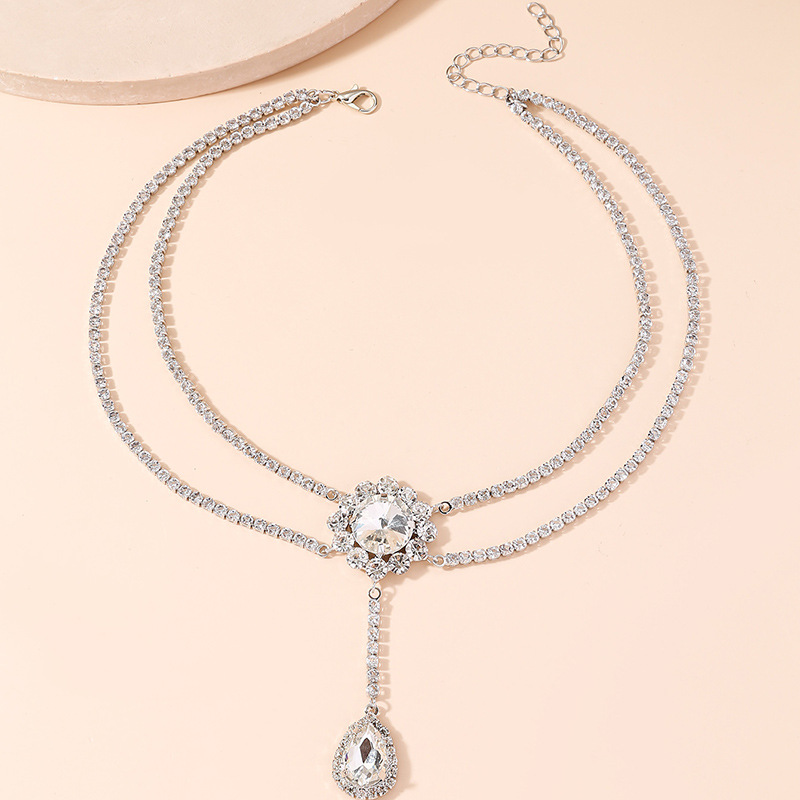 Silvery White jewelry,Plain Color jewelry,Layered Rhinestone Design Silvery White Necklace