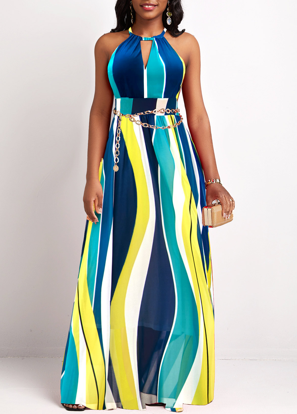 ROTITA Cut Out Striped Multi Color Maxi Dress