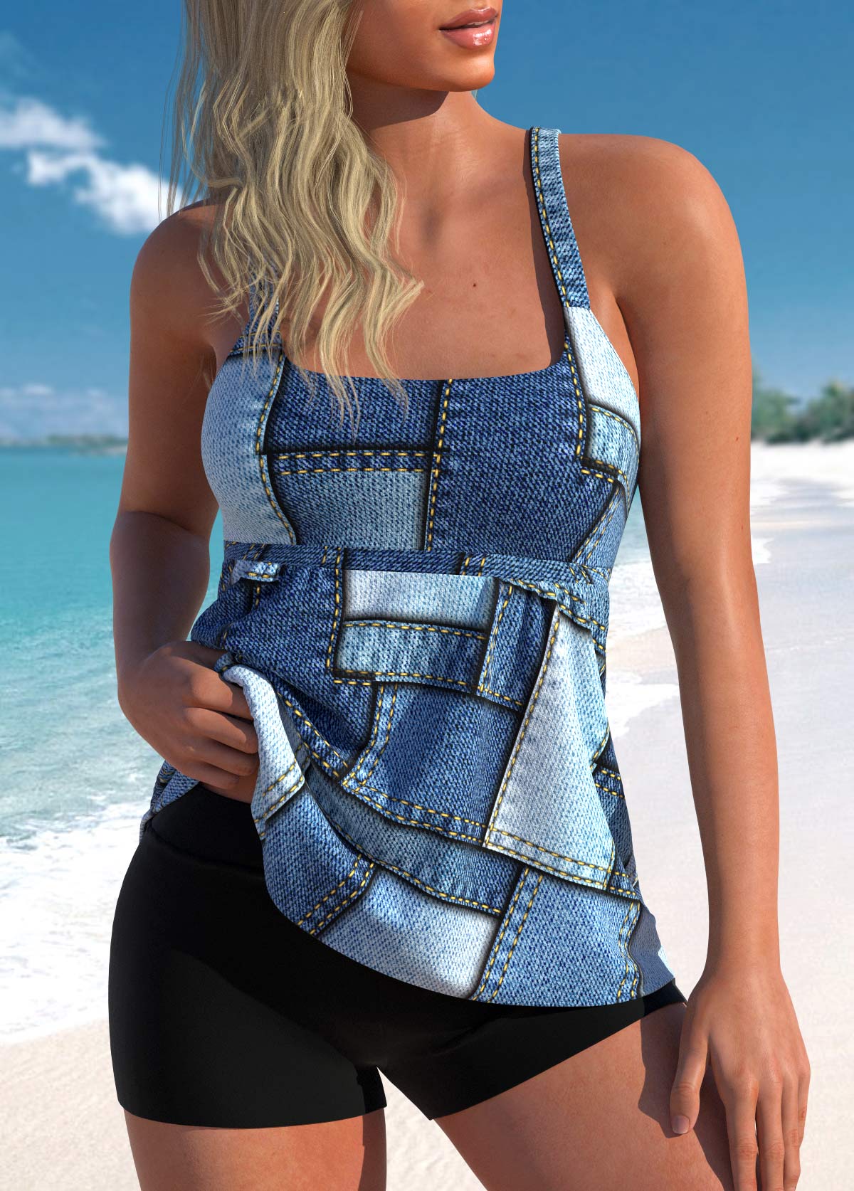 ROTITA Patchwork Denim Blue Geometric Print Tankini Top-No Bottom