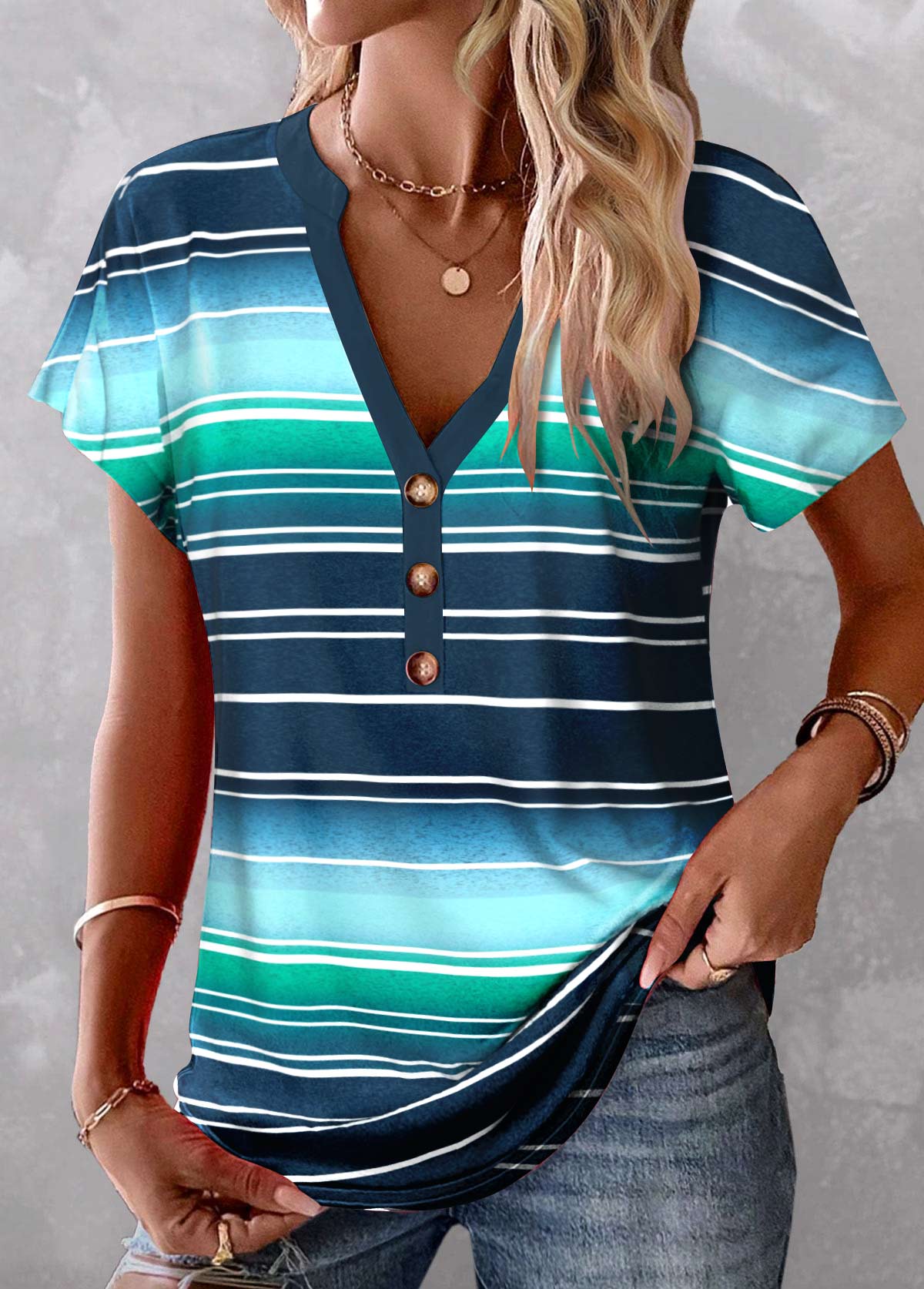 ROTITA Button Striped Peacock Blue V Neck T Shirt