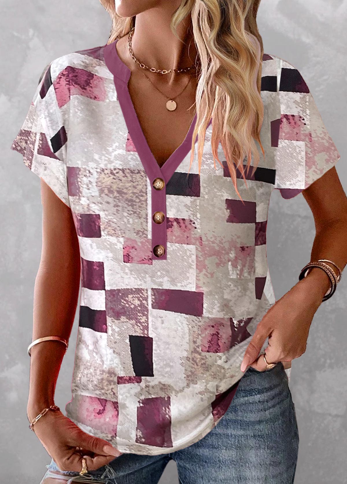 ROTITA Button Geometric Print Multi Color T Shirt