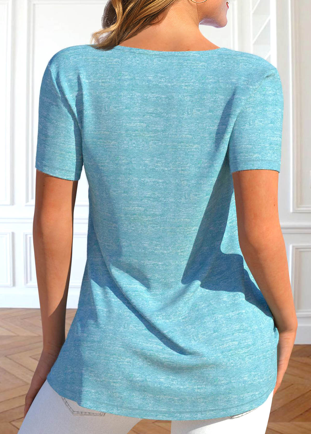 Light Blue tops,Plain Color tops,ROTITA Asymmetry Light Blue Asymmetrical Neck T Shirt