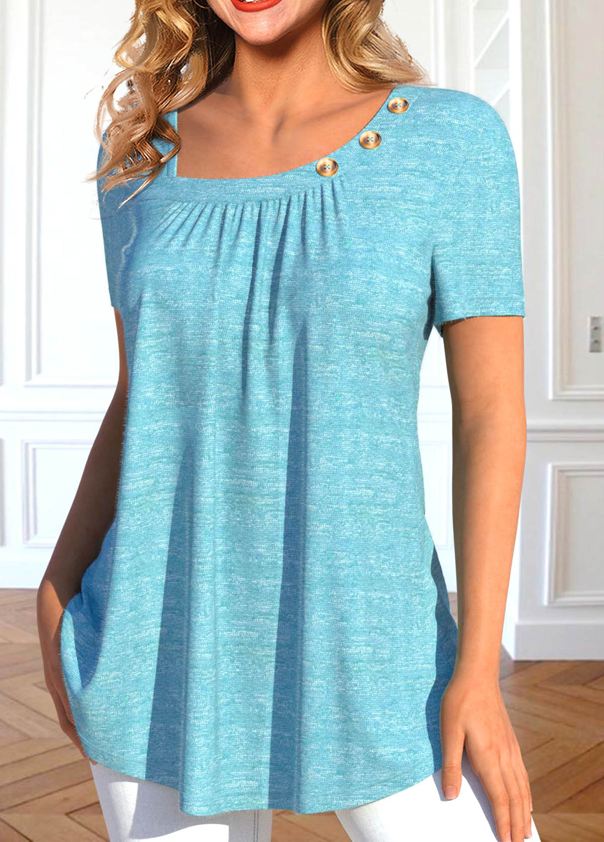 Light Blue tops,Plain Color tops,ROTITA Asymmetry Light Blue Asymmetrical Neck T Shirt