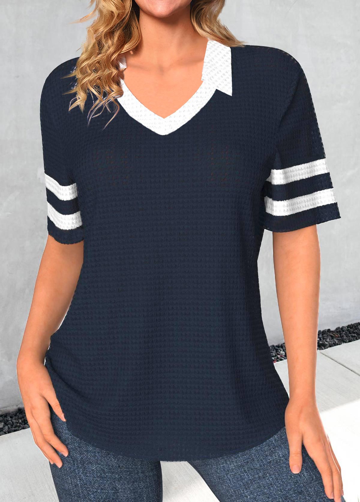 ROTITA T-shirt à manches courtes et col polo bleu marine patchwork