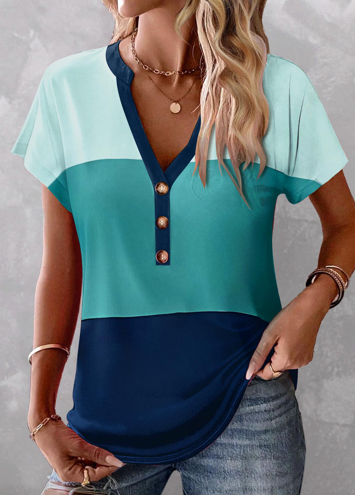 ROTITA Button Blue V Neck Short Sleeve Blouse