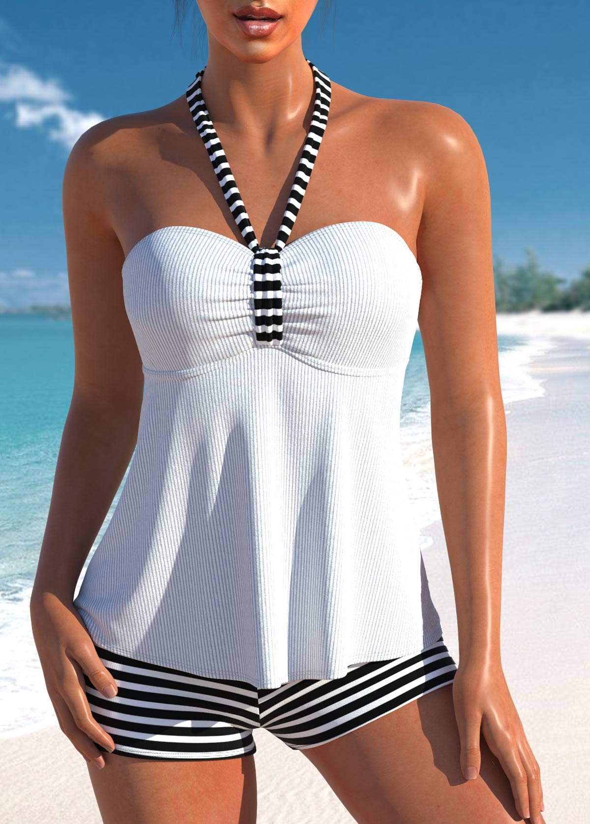 ROTITA Drawstring White Striped High Waisted Tankini Set