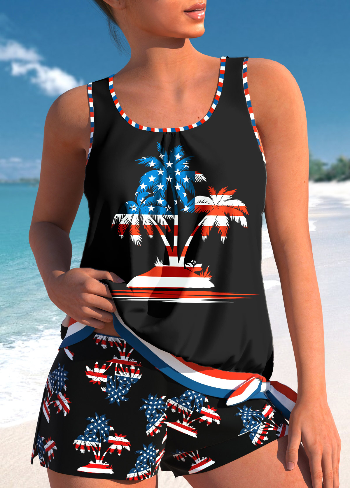 ROTITA Bowknot Black Tropical Plants Print Tankini Set