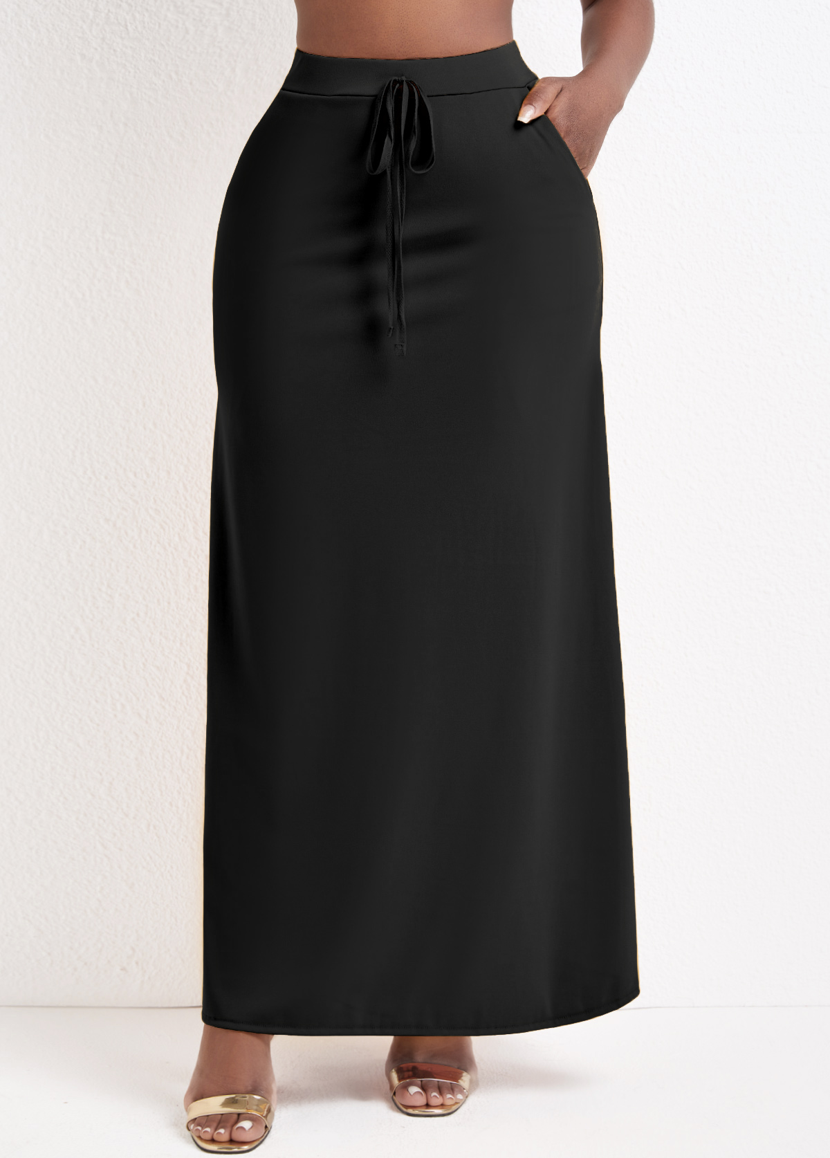 Pocket Black Drawastring A Line Maxi Skirt