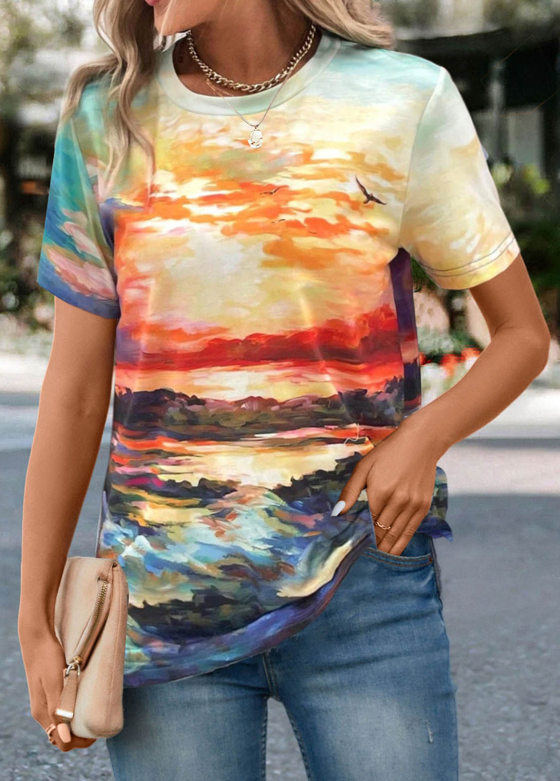 ROTITA T-shirt multicolore à col rond et imprimé paysage