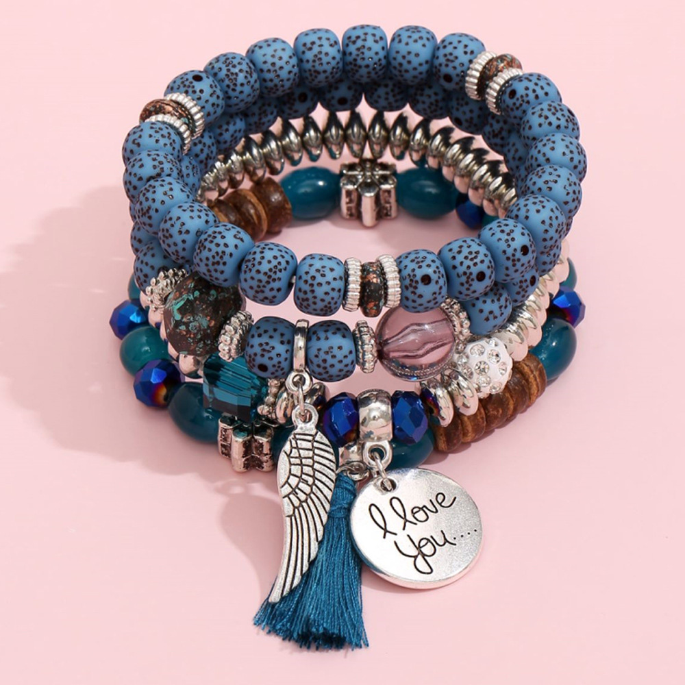 Tessel Detail Metal Oval Turquoise Bracelet Set