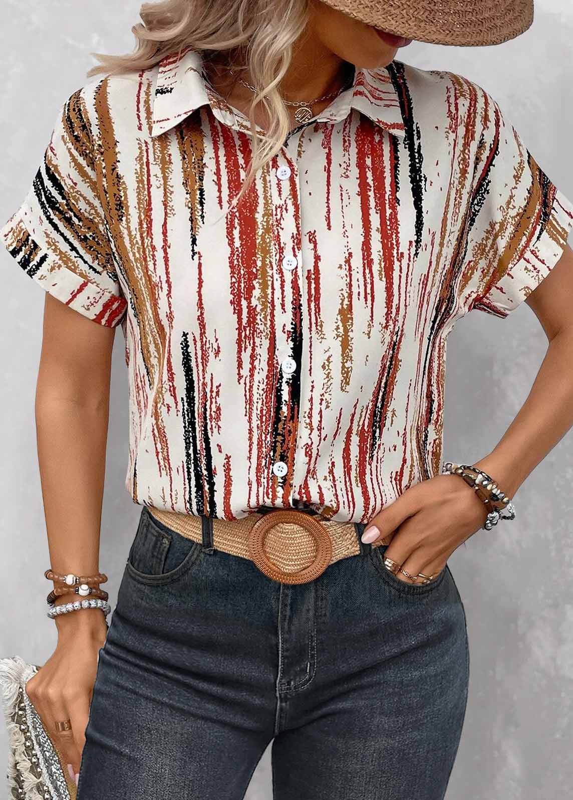 Multi Color tops,Striped tops,ROTITA Button Striped Multi Color Shirt Collar Blouse