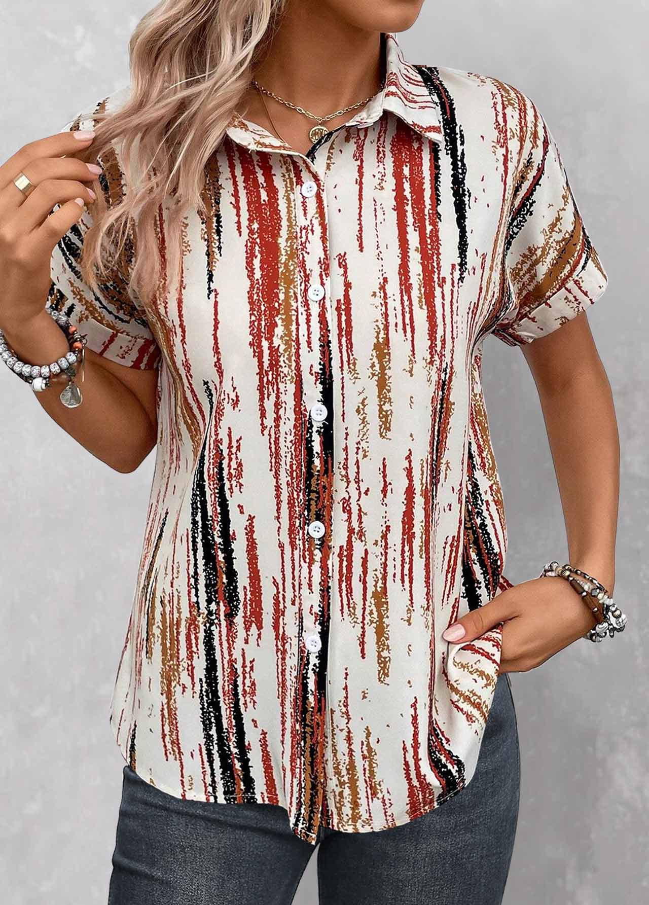 Multi Color tops,Striped tops,ROTITA Button Striped Multi Color Shirt Collar Blouse
