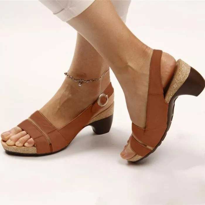 Dark Camel Vamp Band Mid Heel Peep Toe Sandals