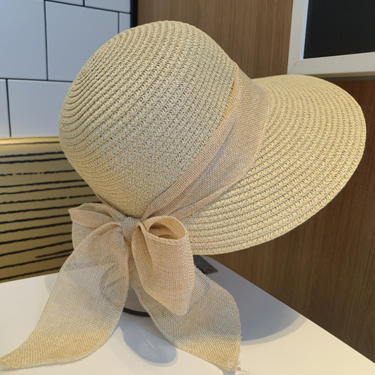 Bowknot Detail Beige Visor Straw Hat