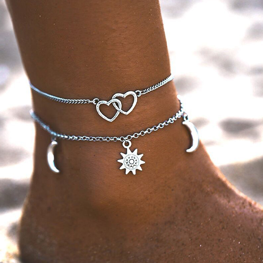 Heart Layered Silvery White Anklet Set