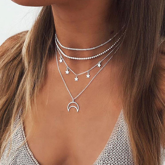 Moon Silvery White Layered Design Necklace