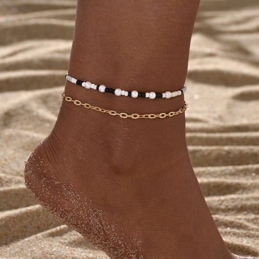 Round Chain Beads Detail Gold Anklet Set