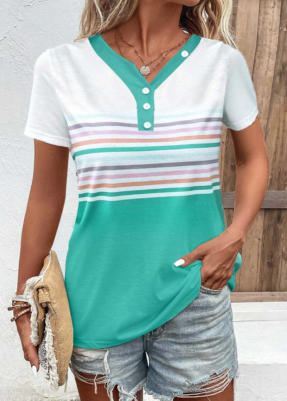 ROTITA Button Striped Cyan Asymmetrical Neck T Shirt