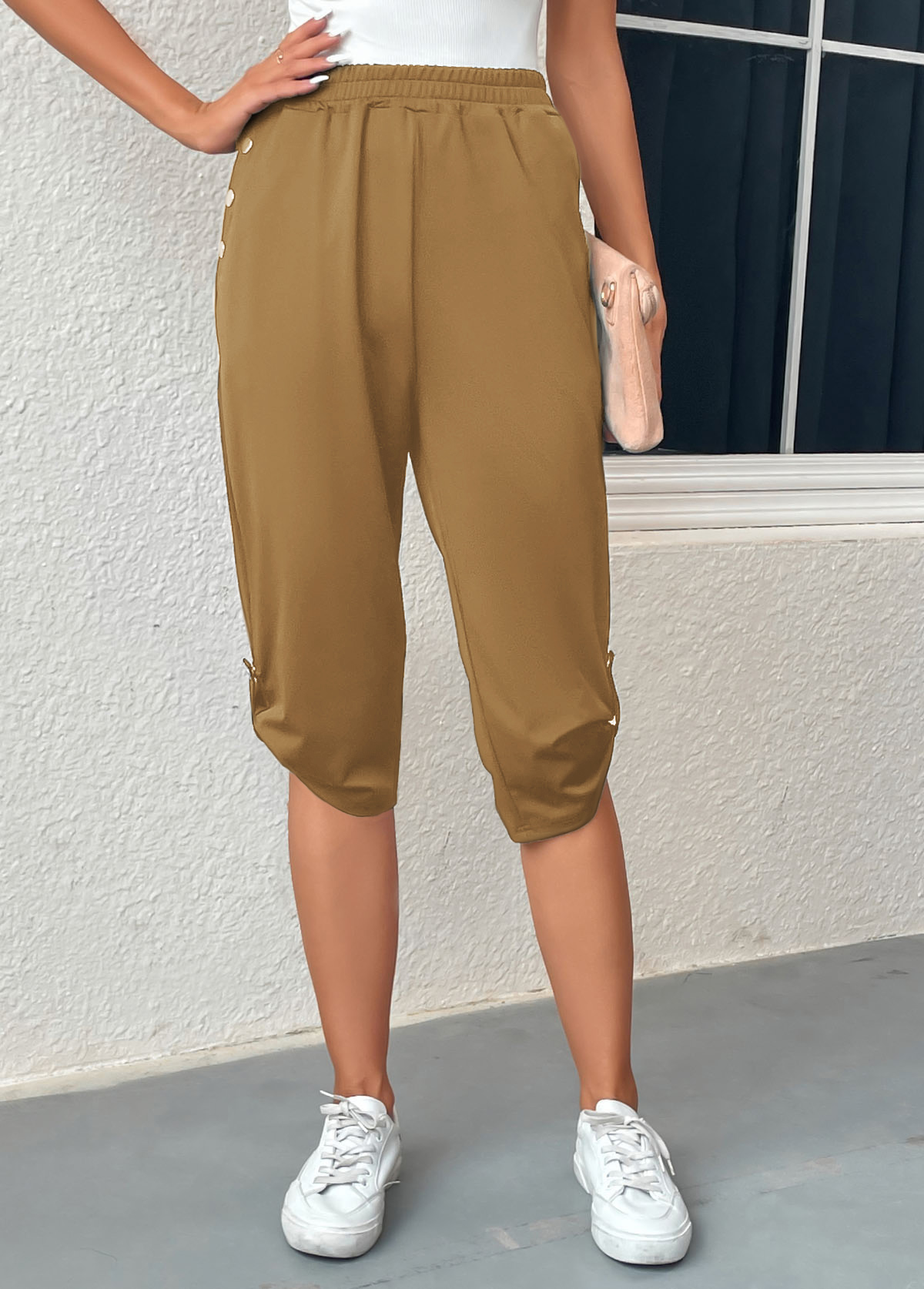 Light Camel bottoms,Plain Color bottoms,Pocket Light Camel Jogger Elastic Waist Pants