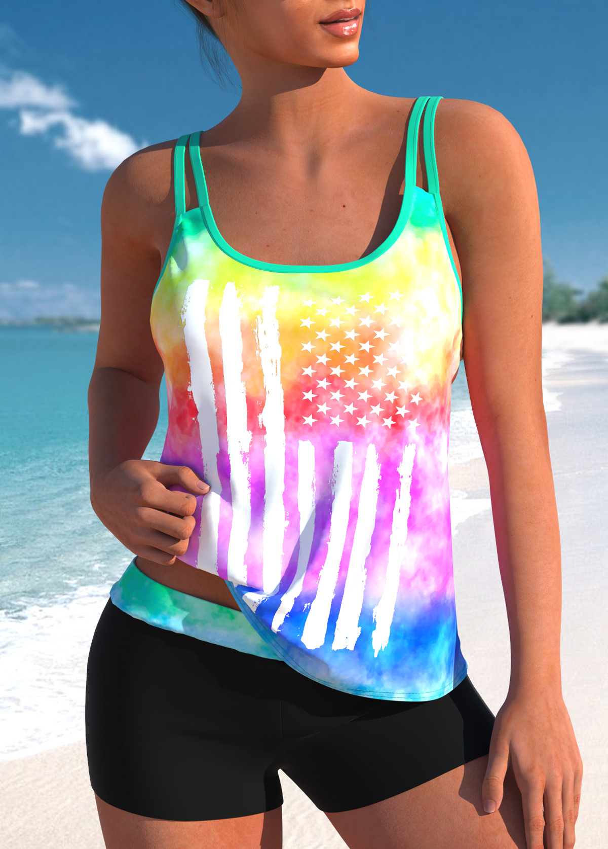 ROTITA Patchwork Multi Color American Flag Print Tankini Set