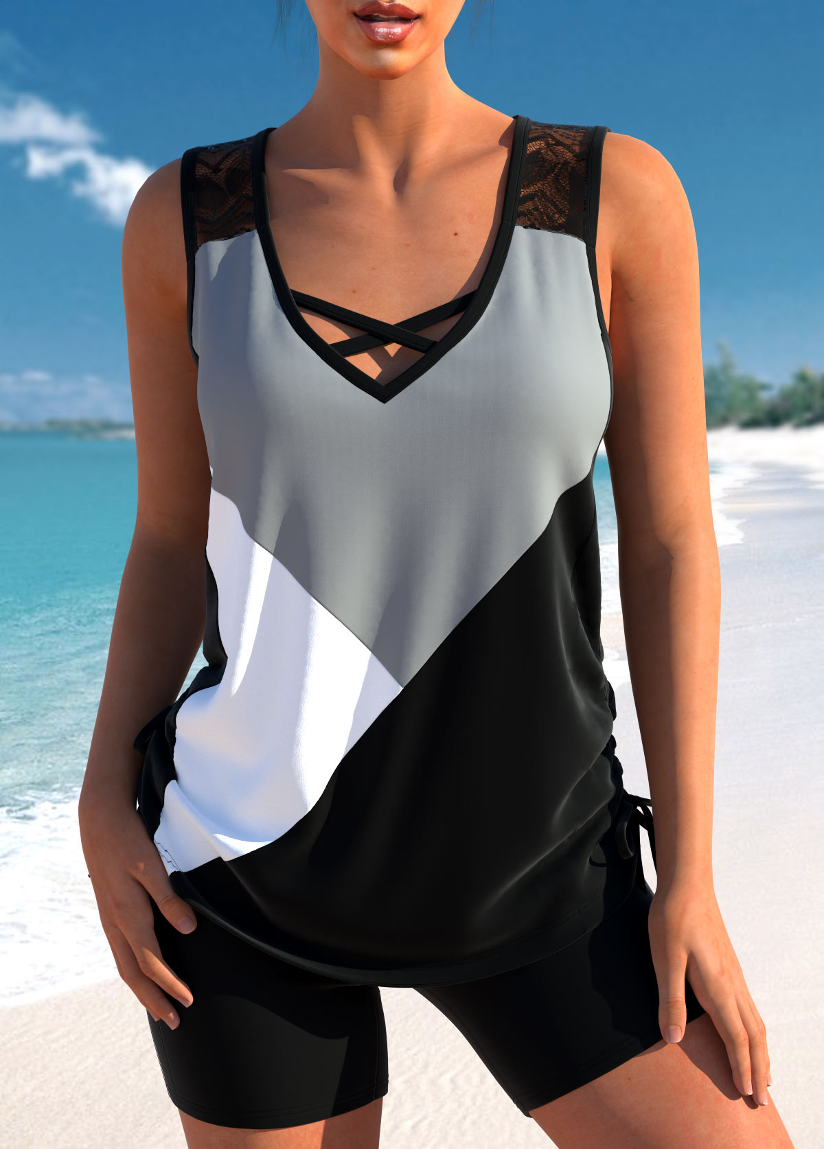 ROTITA Criss Cross Patchwork Black Tankini Top-No Bottom