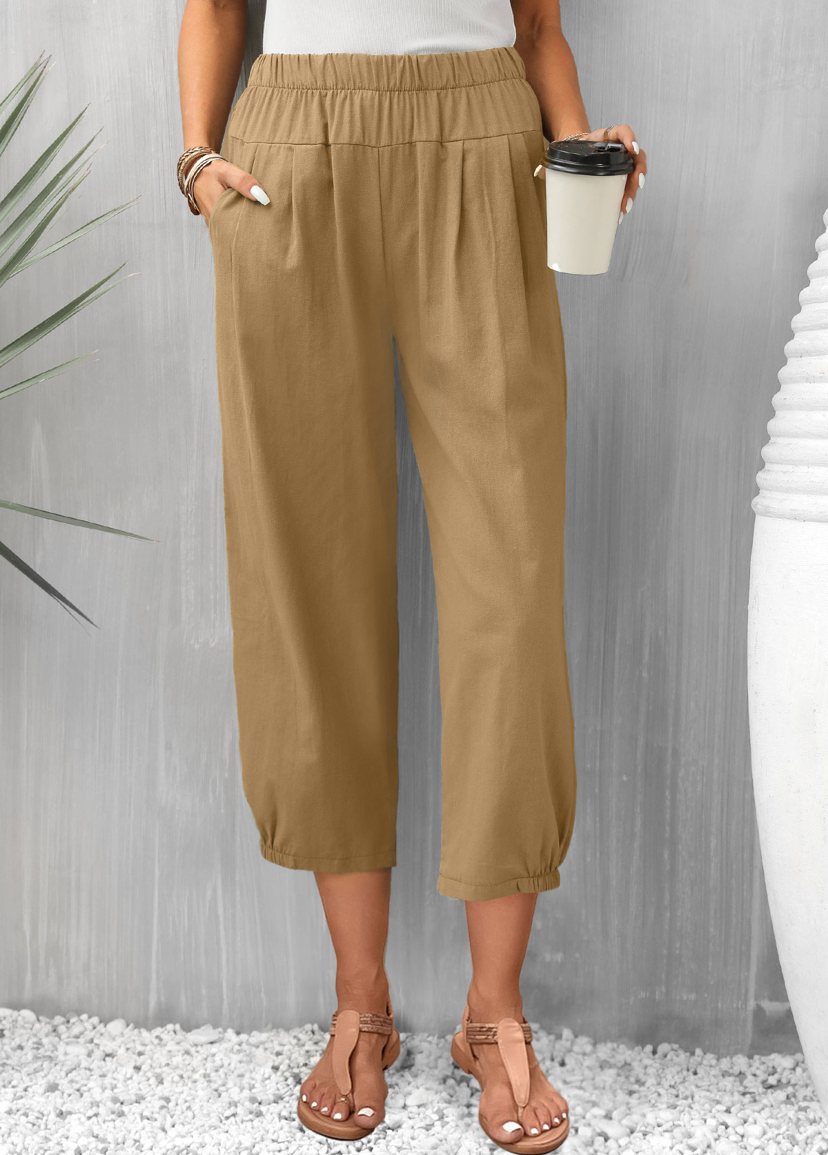 Pantalon Taille Haute Café Léger Poche