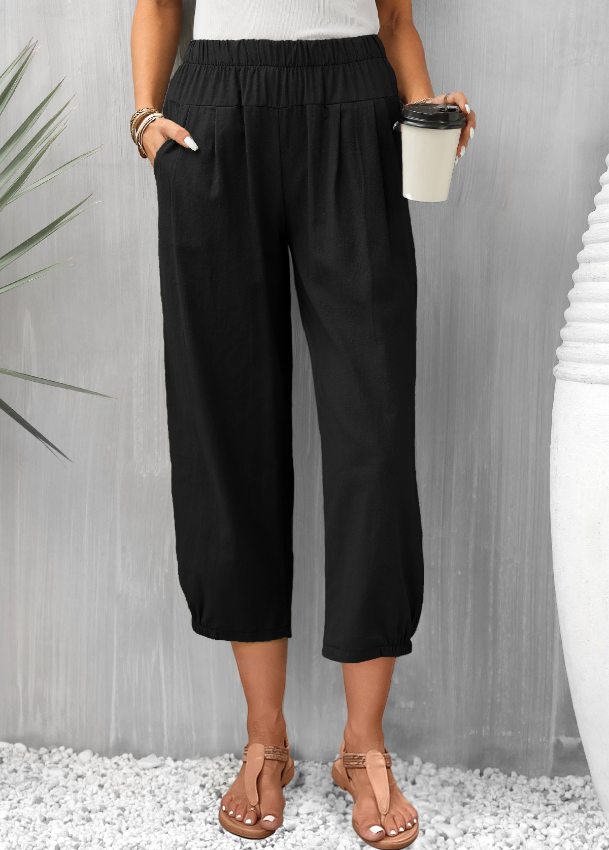 Pocket Black Elastic Waist High Waisted Pants