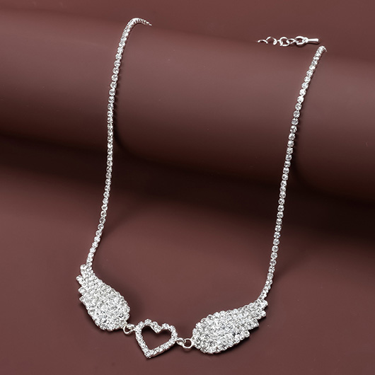 Heart Rhinestone Wing Silvery White Necklace