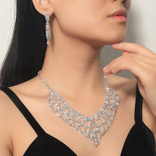 Rhinestone Tassel Silver Earrings and Necklace