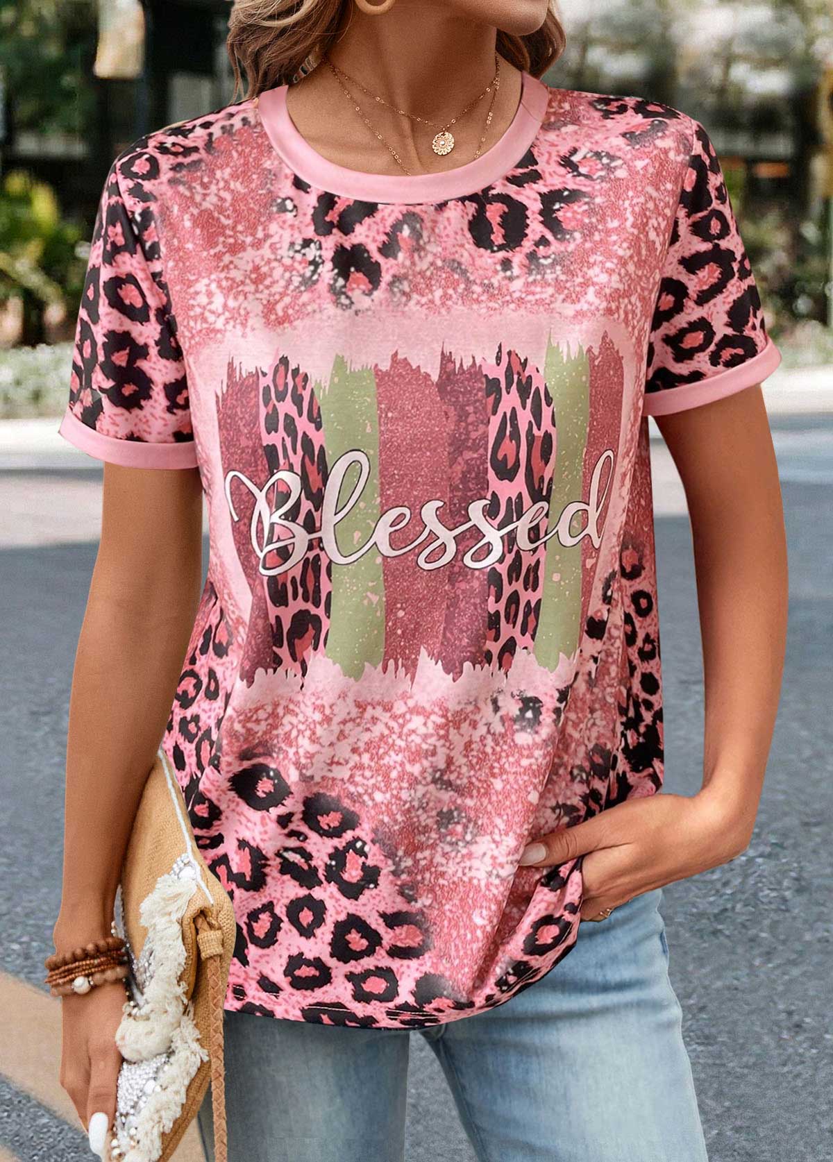 ROTITA Patchwork Leopard Pink Round Neck T Shirt