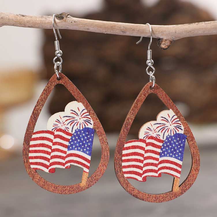 Wooden American Flag Print Multi Color Earrings